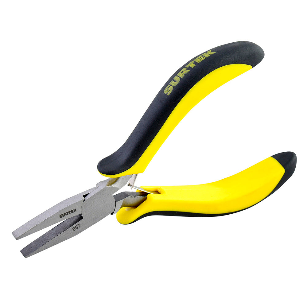 MINI PINZA CON MANGO BIMATERIAL PARA ELECTRÓNICA DE 4-3/4", PUNTA PLANA SURTEK