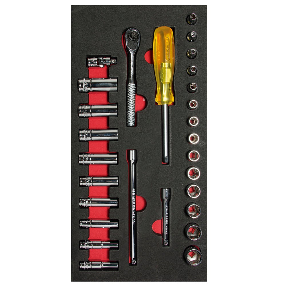 JUEGO DE DADOS CORTOS Y LARGOS Y ACCESORIOS CUADRO DE 1/4"  MÉTRICOS, 28 PIEZAS URREA