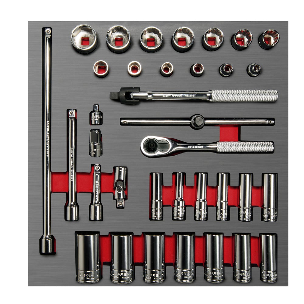 JUEGO DE DADOS CORTOS Y LARGOS Y ACCESORIOS CUADRO DE 3/8" EN PULGADAS, 35 PIEZAS URREA