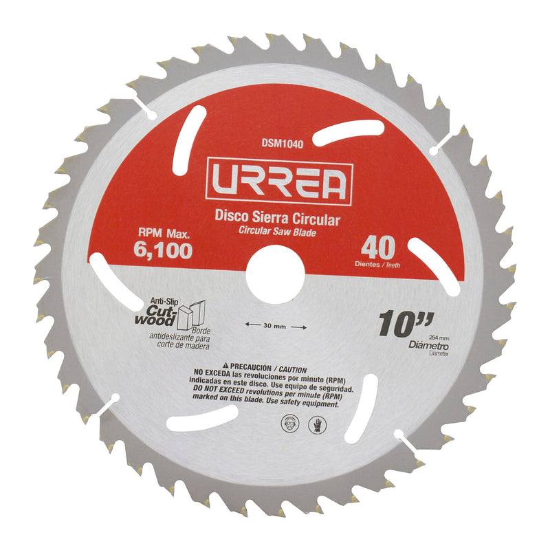 DISCO PARA SIERRA CIRCULAR PARA MADERA 40 DIENTES, 10" URREA