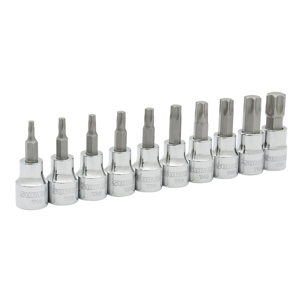 JUEGO DE 10 DADOS PUNTA TORX CUADRO DE 3/8", EN RIEL SURTEK