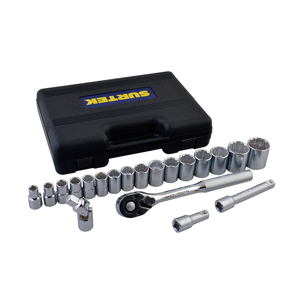 JUEGO DE DADOS Y ACCESORIOS CUADRO DE 1/2" EN PULGADAS, 20 PIEZAS SURTEK