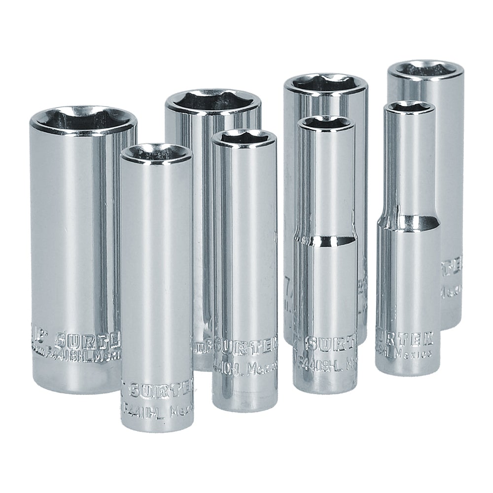 JUEGO DE 8 DADOS LARGOS EN PULGADAS CUADRO DE 1/4", 6 PUNTAS, EN RIEL SURTEK